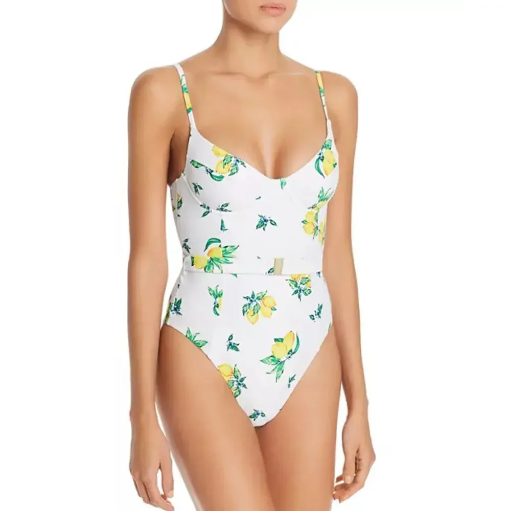 Onia x WeWoreWhat Danielle Lemon Print Belted One Piece Swimsuit – Size Medium - Picture 2 of 16